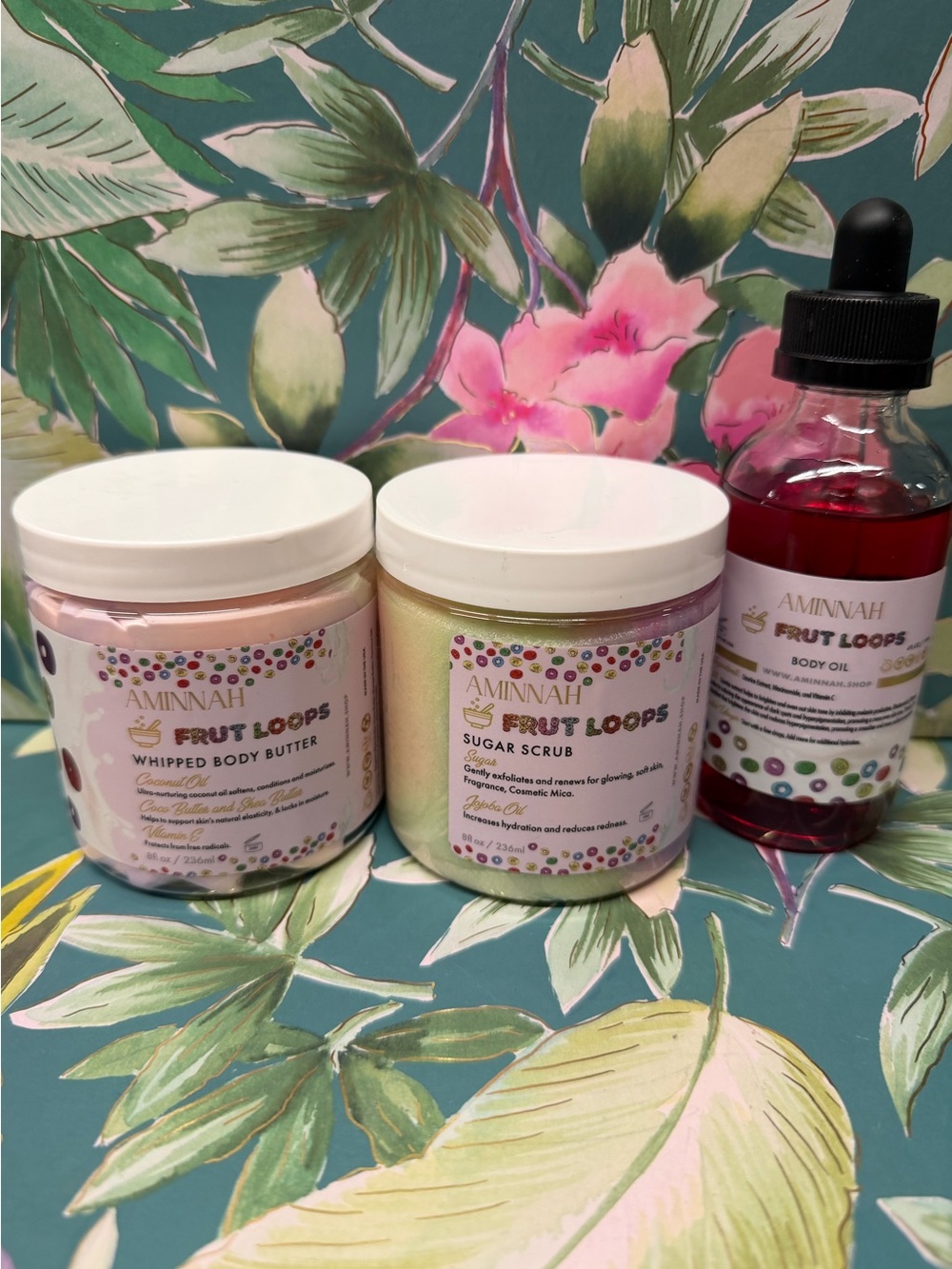Aminnah “Fruit Loops” 3-Piece Bundle – Body Butter, Sugar Scrub & Body Oil